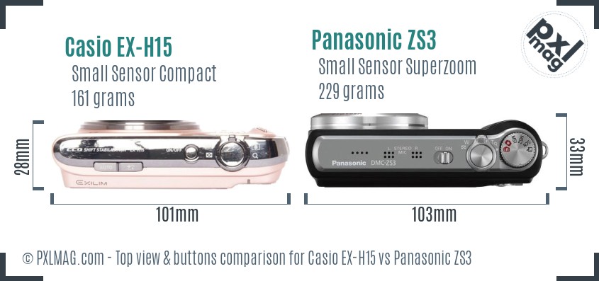 Casio EX-H15 vs Panasonic ZS3 top view buttons comparison