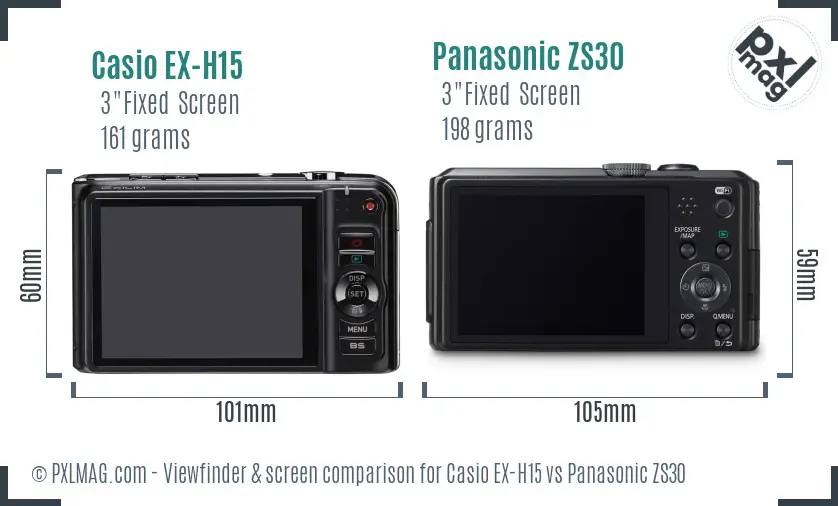 Casio EX-H15 vs Panasonic ZS30 Screen and Viewfinder comparison