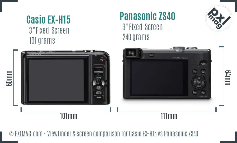 Casio EX-H15 vs Panasonic ZS40 Screen and Viewfinder comparison