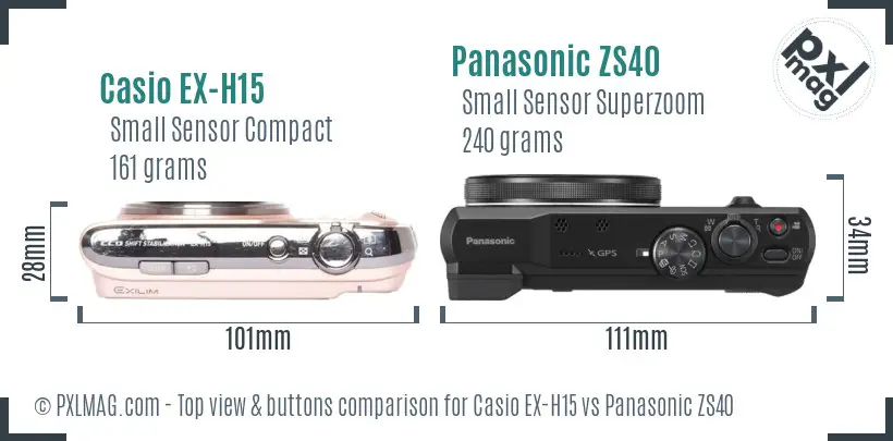 Casio EX-H15 vs Panasonic ZS40 top view buttons comparison