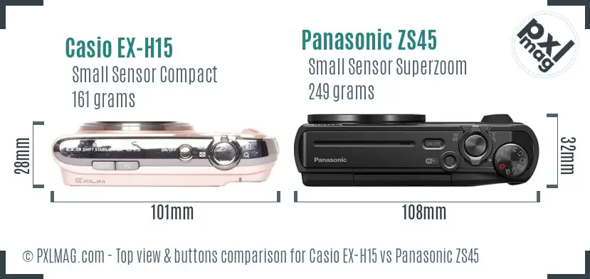 Casio EX-H15 vs Panasonic ZS45 top view buttons comparison Casio EX-H15 vs Panasonic ZS45 top view buttons comparison