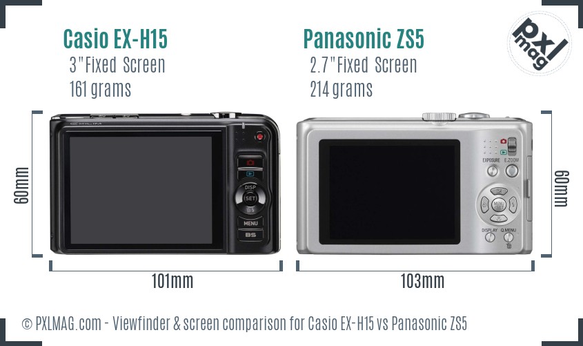 Casio EX-H15 vs Panasonic ZS5 Screen and Viewfinder comparison