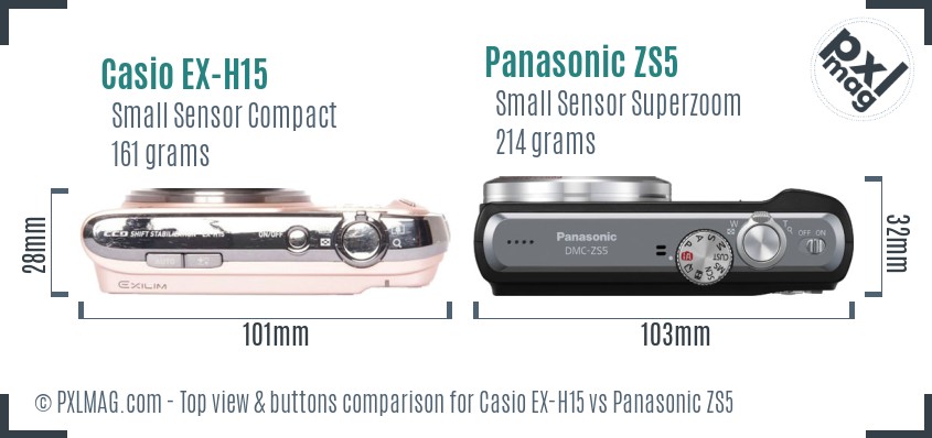 Casio EX-H15 vs Panasonic ZS5 top view buttons comparison