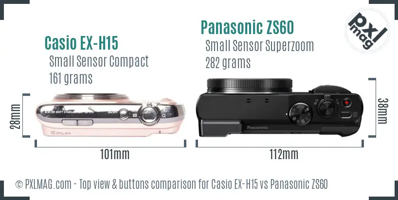 Casio EX-H15 vs Panasonic ZS60 top view buttons comparison Casio EX-H15 vs Panasonic ZS60 top view buttons comparison
