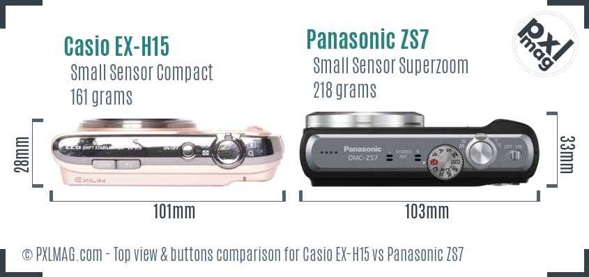 Casio EX-H15 vs Panasonic ZS7 top view buttons comparison