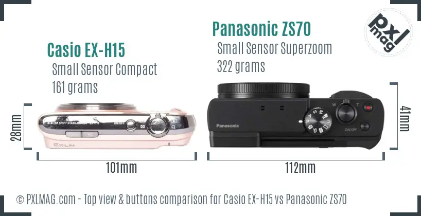 Casio EX-H15 vs Panasonic ZS70 top view buttons comparison Casio EX-H15 vs Panasonic ZS70 top view buttons comparison