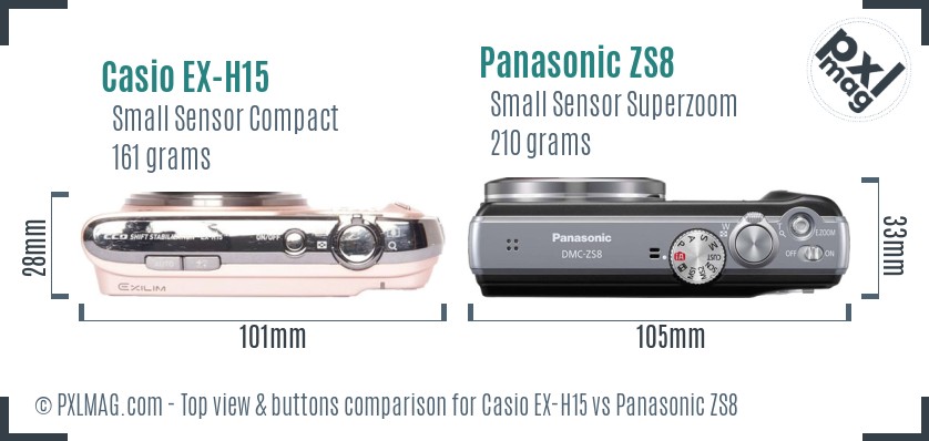 Casio EX-H15 vs Panasonic ZS8 top view buttons comparison