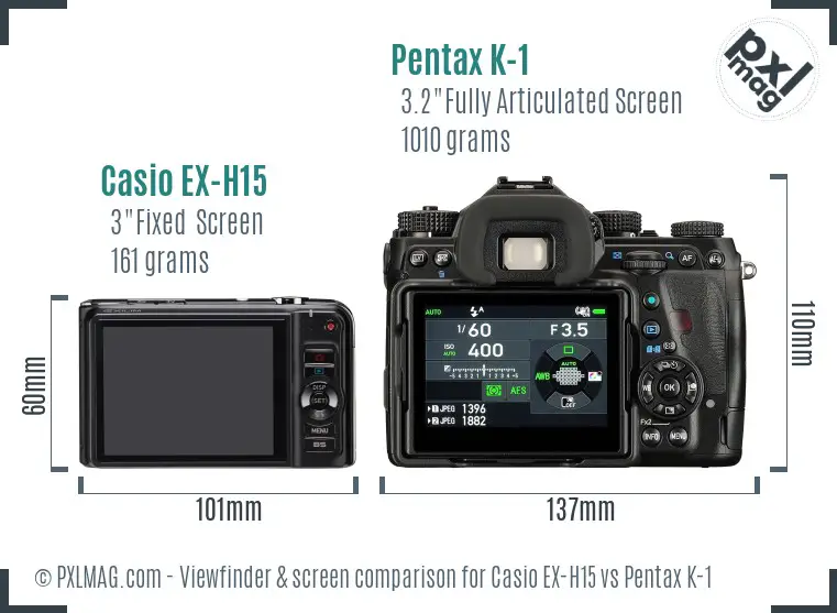 Casio EX-H15 vs Pentax K-1 Screen and Viewfinder comparison