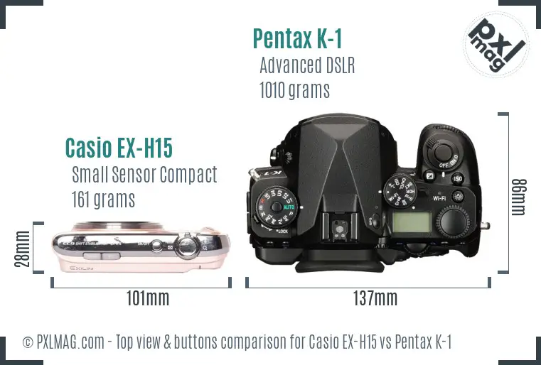 Casio EX-H15 vs Pentax K-1 top view buttons comparison