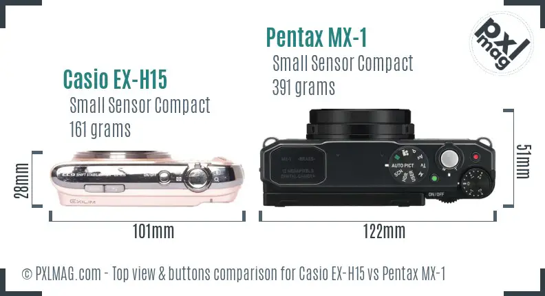Casio EX-H15 vs Pentax MX-1 top view buttons comparison