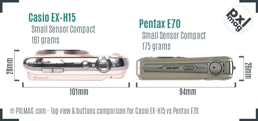 Casio EX-H15 vs Pentax E70 top view buttons comparison