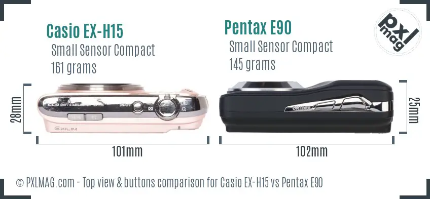 Casio EX-H15 vs Pentax E90 top view buttons comparison Casio EX-H15 vs Pentax E90 top view buttons comparison