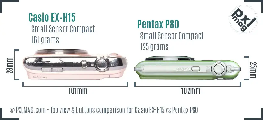 Casio EX-H15 vs Pentax P80 top view buttons comparison