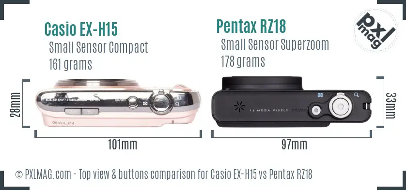Casio EX-H15 vs Pentax RZ18 top view buttons comparison