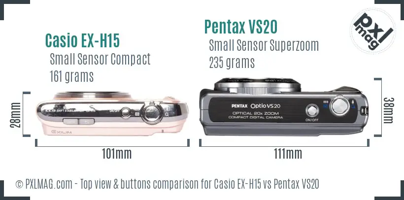 Casio EX-H15 vs Pentax VS20 top view buttons comparison Casio EX-H15 vs Pentax VS20 top view buttons comparison