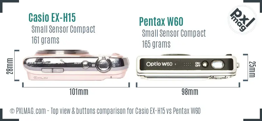 Casio EX-H15 vs Pentax W60 top view buttons comparison