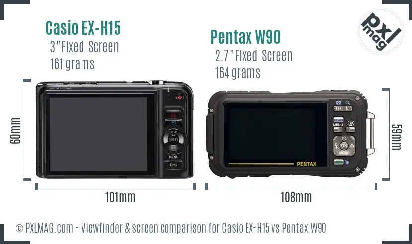 Casio EX-H15 vs Pentax W90 Screen and Viewfinder comparison
