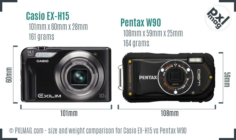 Casio EX-H15 vs Pentax W90 size comparison