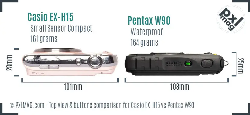 Casio EX-H15 vs Pentax W90 top view buttons comparison