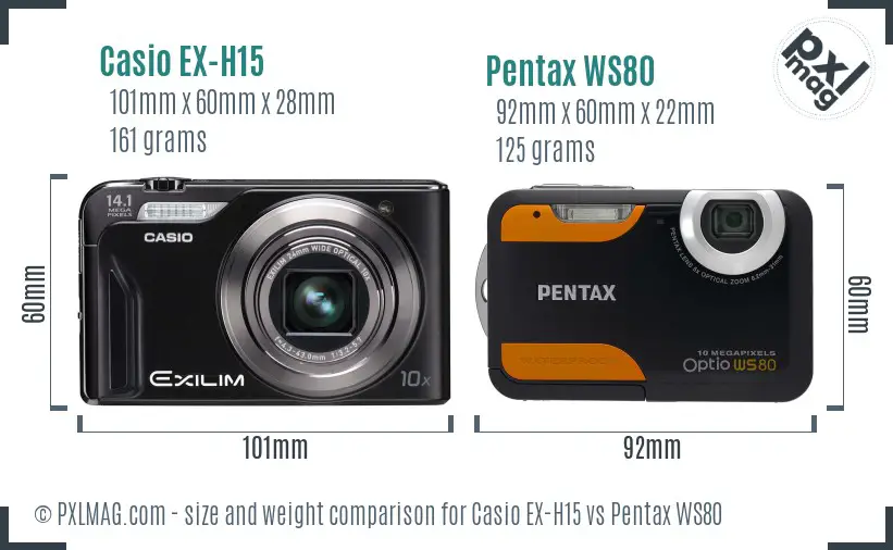 Casio EX-H15 vs Pentax WS80 size comparison Casio EX-H15 vs Pentax WS80 size comparison