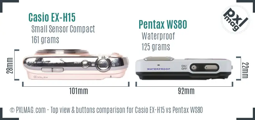 Casio EX-H15 vs Pentax WS80 top view buttons comparison Casio EX-H15 vs Pentax WS80 top view buttons comparison