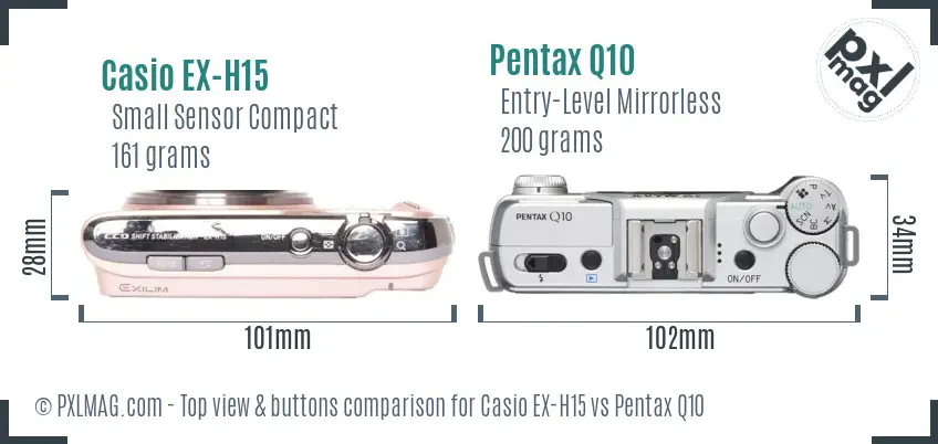 Casio EX-H15 vs Pentax Q10 top view buttons comparison