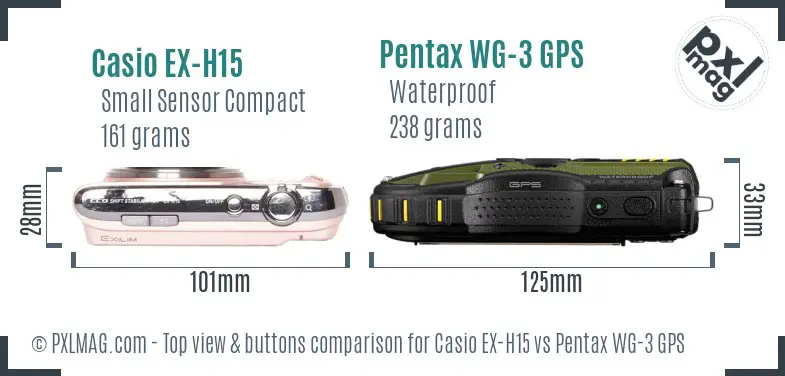 Casio EX-H15 vs Pentax WG-3 GPS top view buttons comparison Casio EX-H15 vs Pentax WG-3 GPS top view buttons comparison