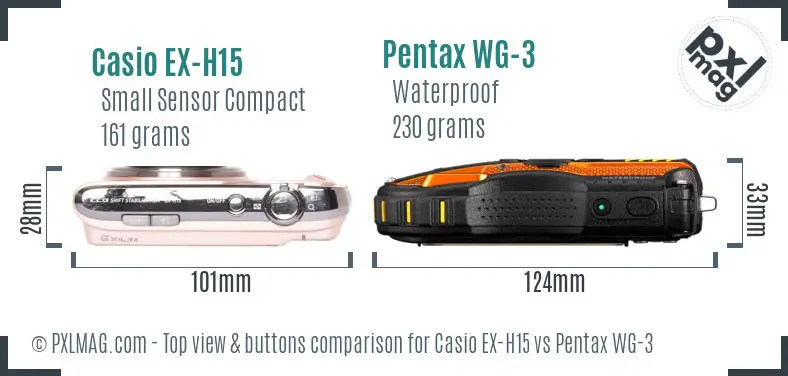 Casio EX-H15 vs Pentax WG-3 top view buttons comparison