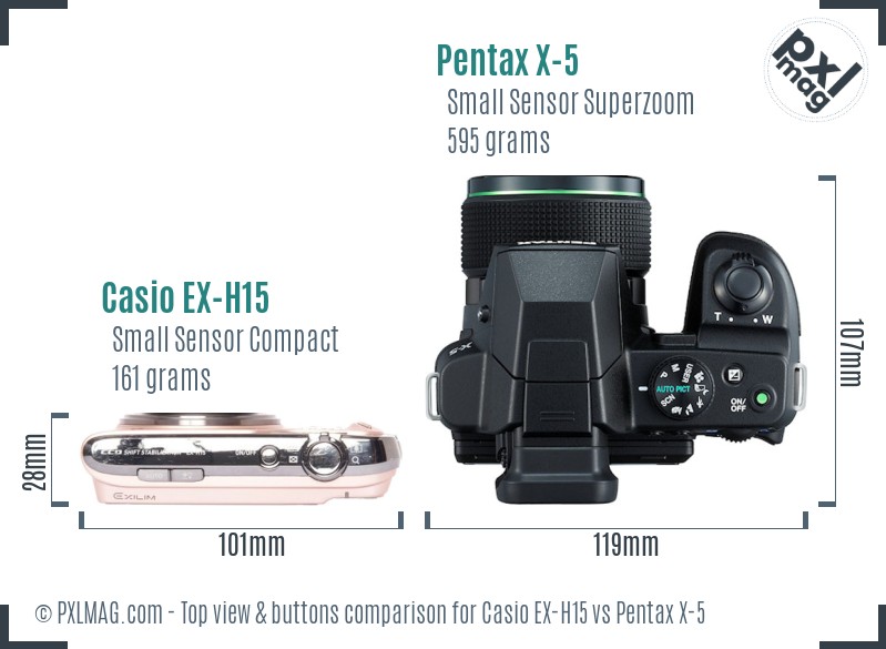 Casio EX-H15 vs Pentax X-5 top view buttons comparison