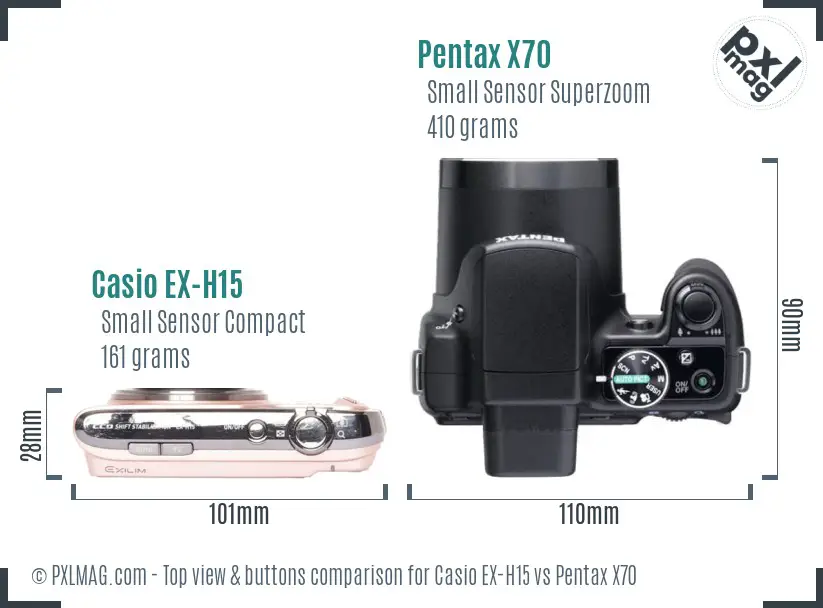 Casio EX-H15 vs Pentax X70 top view buttons comparison