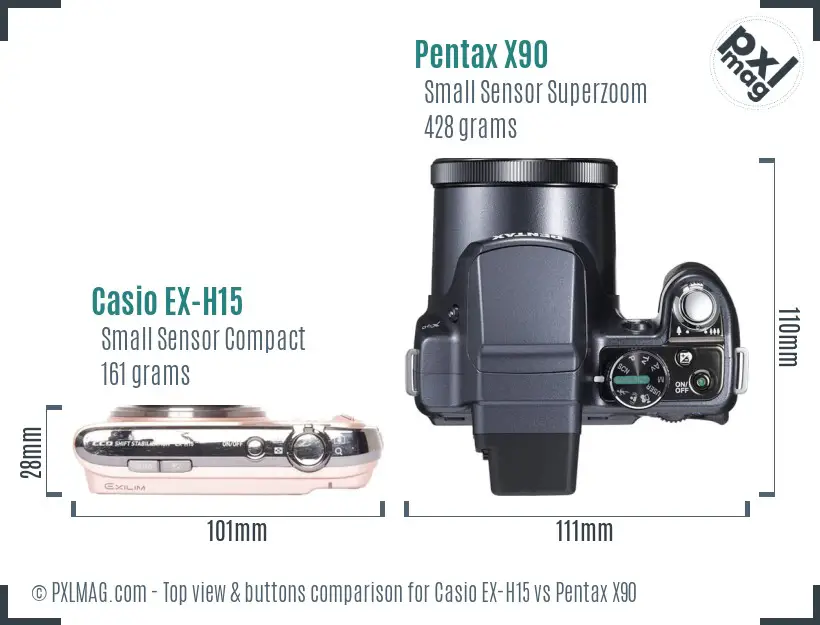 Casio EX-H15 vs Pentax X90 top view buttons comparison