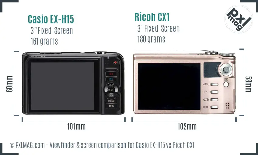 Casio EX-H15 vs Ricoh CX1 Screen and Viewfinder comparison