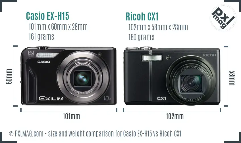 Casio EX-H15 vs Ricoh CX1 size comparison