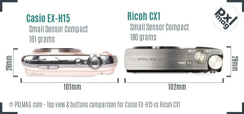 Casio EX-H15 vs Ricoh CX1 top view buttons comparison