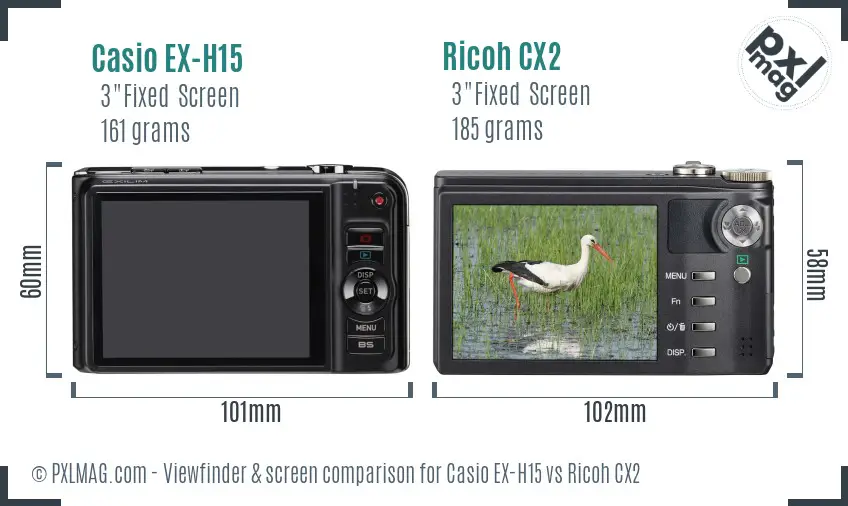 Casio EX-H15 vs Ricoh CX2 Screen and Viewfinder comparison