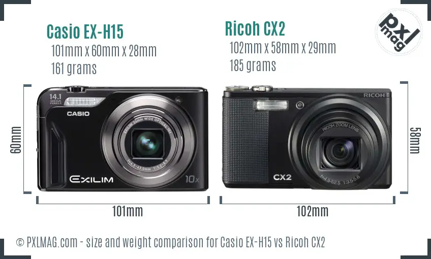 Casio EX-H15 vs Ricoh CX2 size comparison