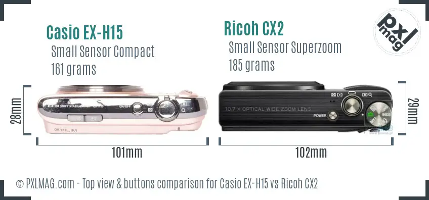 Casio EX-H15 vs Ricoh CX2 top view buttons comparison