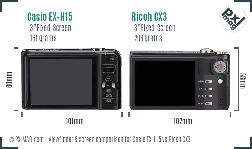 Casio EX-H15 vs Ricoh CX3 Screen and Viewfinder comparison