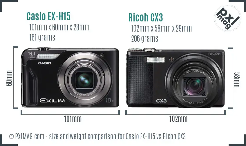 Casio EX-H15 vs Ricoh CX3 size comparison
