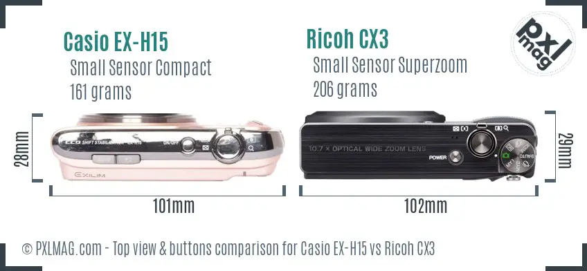 Casio EX-H15 vs Ricoh CX3 top view buttons comparison
