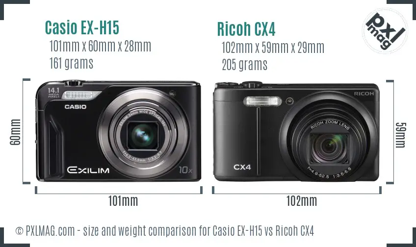 Casio EX-H15 vs Ricoh CX4 size comparison Casio EX-H15 vs Ricoh CX4 size comparison