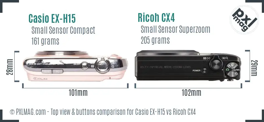 Casio EX-H15 vs Ricoh CX4 top view buttons comparison Casio EX-H15 vs Ricoh CX4 top view buttons comparison
