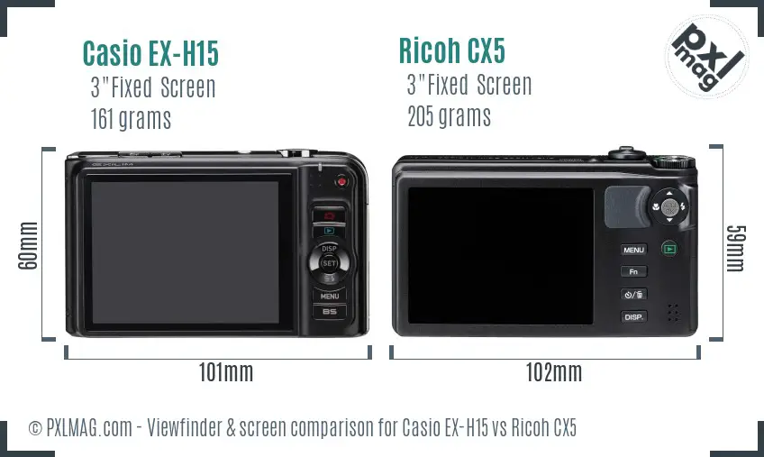 Casio EX-H15 vs Ricoh CX5 Screen and Viewfinder comparison