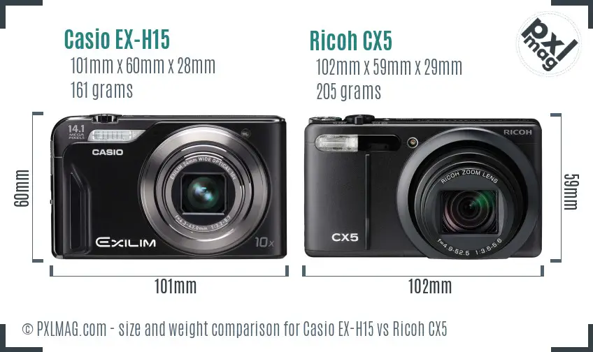 Casio EX-H15 vs Ricoh CX5 size comparison