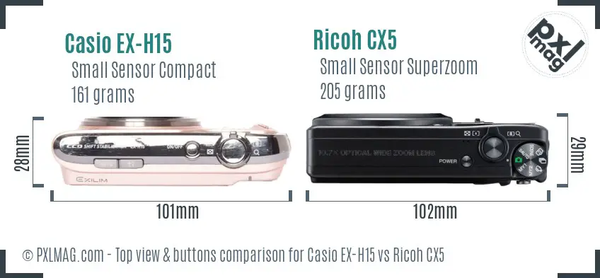 Casio EX-H15 vs Ricoh CX5 top view buttons comparison