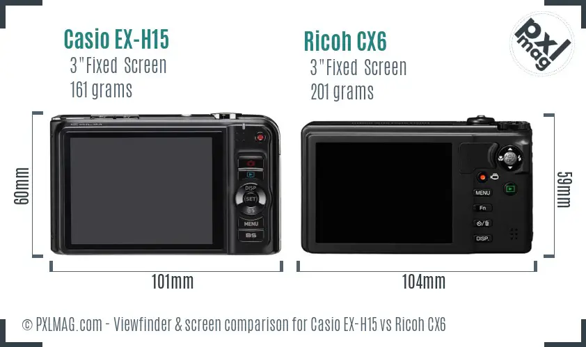 Casio EX-H15 vs Ricoh CX6 Screen and Viewfinder comparison