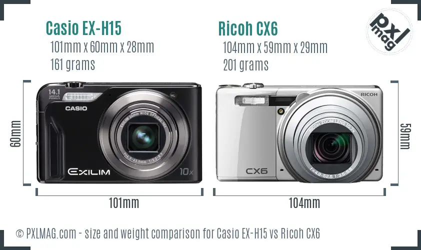 Casio EX-H15 vs Ricoh CX6 size comparison