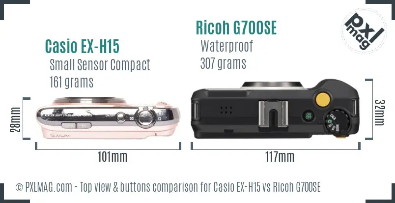 Casio EX-H15 vs Ricoh G700SE top view buttons comparison