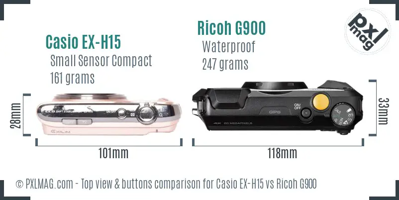 Casio EX-H15 vs Ricoh G900 top view buttons comparison