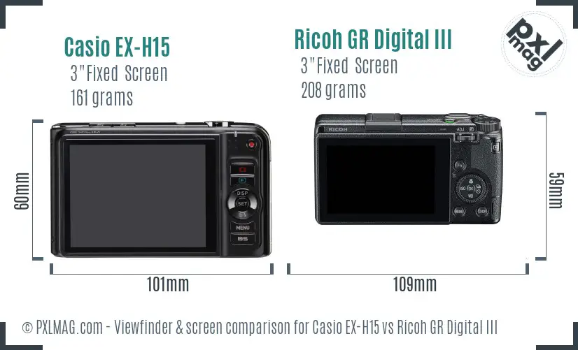 Casio EX-H15 vs Ricoh GR Digital III Screen and Viewfinder comparison